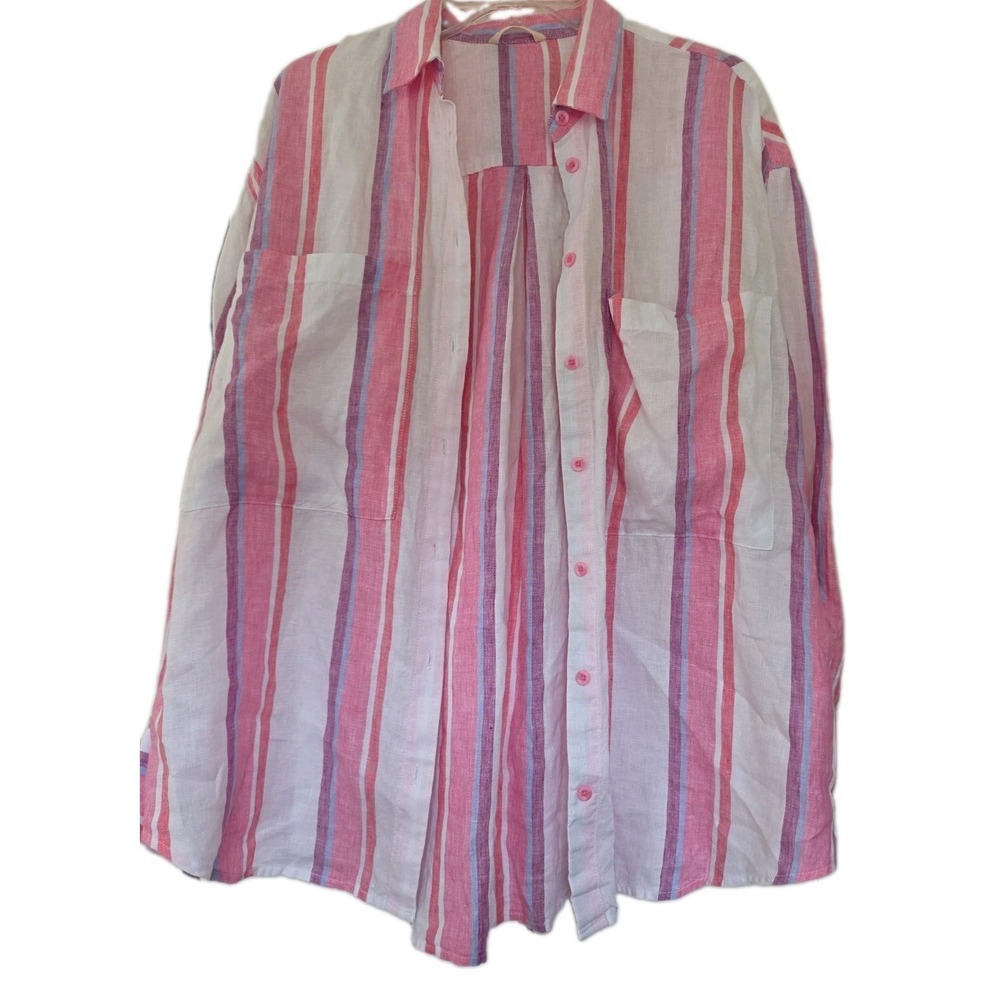 Left on Friday Getaway Women's Striped Button Down Linen Shirt Size M/L